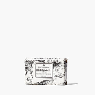 Bar of Beekman 1802's Ylang Ylang & Tuberose palm sized 3.5 ounce Goat Milk Soap on a white background.