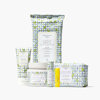 Glacial Mint & Eucalyptus Hand Cream, Face Wipes, Whipped Body Cream, Lip Balm, and Goat Milk Soap on a light grey background. 