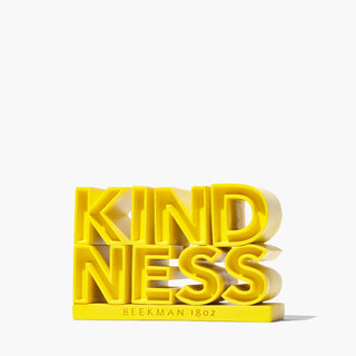 Beekman 1802's yellow Kindness Tabletop Display, which spells out "Kindness" in 3D block letters and "beekman 1802" at the base of the display, on a light grey background.