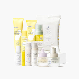 Beekman 1802's Mini Miracle Set which features 10 mini, travel-sized skincare products all grouped together on a gray background.