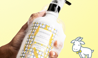 Up close shot of hand holding a sudsy bottle of Beekman 1802's Lavender Hand & Body Wash on a yellow background, next to an image of a white cartoon goatie on the right side of screen. 