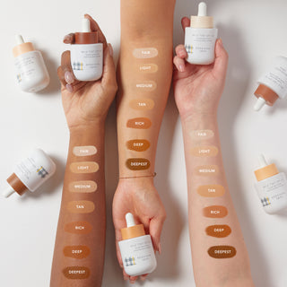 Image of 3 arms holding Beekman 1802 Milk Tint SPF 43 Tinted Primer Serum with all 7 shade swatches on each arm.