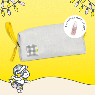 GIF image of Beekman 1802's Dopp Bag near surrounded by pink and yellow christmas tree lights and goatie on the beach wearing swimming trunks, sunglasses and a santa hat on the beach, with a circle image that is gifing through all of Beekman 1802's Skincare mini's that says "2 Mystery Minis Inside!"