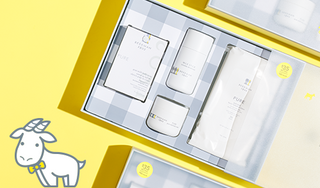 Up close shot of a half opened Beekman 1802's Pure Goat Milk Bodycare set which shows the fragrance-free deodorant, bar soap, body cream and face wipes on a yellow background, next to an image of a white cartoon goatie.  