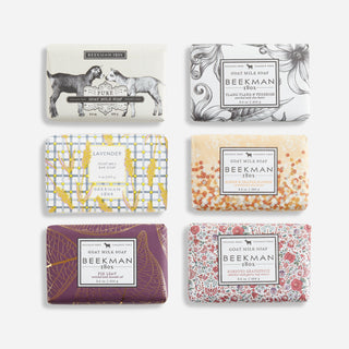 6 beekman 1802 wrapped bar soaps in six signature collections which include Pure, Honey & Orange Blossom, Honeyed Grapefruit, Lavender, Fig Leaf, and Ylang Ylang & Tuberose.