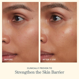 Before and after image of side of models face after using Beekman 1802's Bloom Cream Daily Moisturizer after 1 use, revealing hydrated skin.