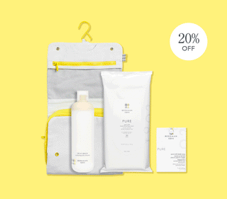 GIF of four of beekman 1802's skincare and bodycare bundles, showing each product on a yellow background and a violator that says "20% off" on the right of the image..