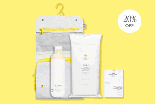 GIF of four of beekman 1802's skincare and bodycare bundles, showing each product on a yellow background and a violator that says "20% off" on the right of the image..