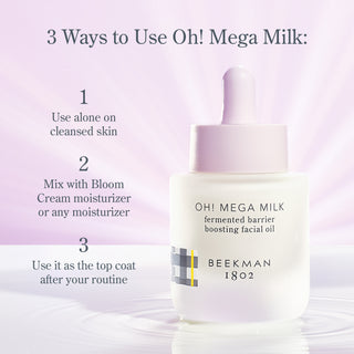 A product shot of Beekman 1802's Oh! Mega Milk Fermented Facial Oil on a light purple and white background with 3 ways to use the product, which are alone on cleansed skin, mixed with your moisturizer, or used as a last step over your moisturizer.