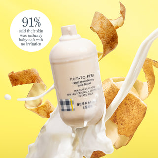 Bottle of Beekman 1802's Potato Peel Rapid Resurfacing Milk Facial surrounded by milk splashes and potato peels on a yellow background, with a text circle to the right that says "91% said their skin was instantly baby soft with no irritation"
