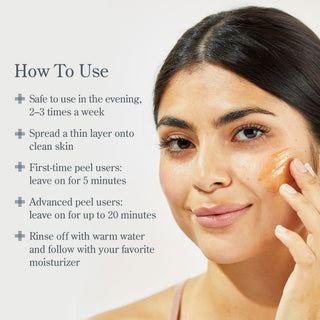 Infographic image of how to use Beekman 1802's Potato Peel Resurfacing Mask with model on the right side of the image applying the potato peel mask to her cheek and smiling at the camera.