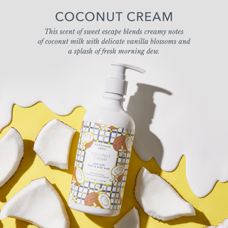 Infographic image of Beekman 1802's Coconut Cream Hand & Body Wash surrounded by goat milk spill and pieces of coconut, with the words "Coconut Cream. This scent of sweet escape blends creamy notes of coconut milk with delicate vanilla blossoms and a splash of fresh morning dew." on a yellow background.