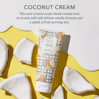 Infographic image of Beekman 1802's Coconut Cream Hand Cream surrounded by goat milk spill and pieces of coconut, with the words "Coconut Cream. This scent of sweet escape blends creamy notes of coconut milk with delicate vanilla blossoms and a splash of fresh morning dew." on a yellow background.