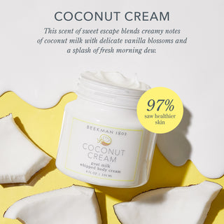 Infographic image of Beekman 1802's Coconut Cream whipped body cream surrounded by goat milk spill and pieces of coconut, with the words "Coconut Cream. This scent of sweet escape blends creamy notes of coconut milk with delicate vanilla blossoms and a splash of fresh morning dew" on a yellow background.