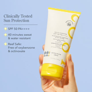 A hand holding Hello Sunshine Sunscreen with facts nearby: SPF 50 PA++++, 40 minutes sweat & water resistant, Reef Safe: Free of oxybenzone & octinoxate
