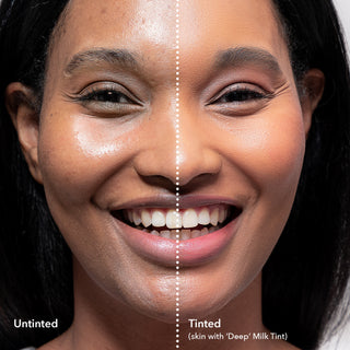 Before and after of models face after using the Beekman 1802 Milk Tint SPF 43 Tinted Primer Serum in shade deep.