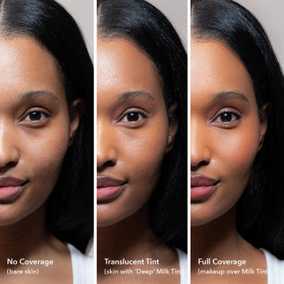 3 side-by-side images of half of models face, one with bare skin, one with light coverage, and one with full coverage after using the Beekman 1802 Milk Tint SPF 43 Tinted Primer Serum in shade deep.