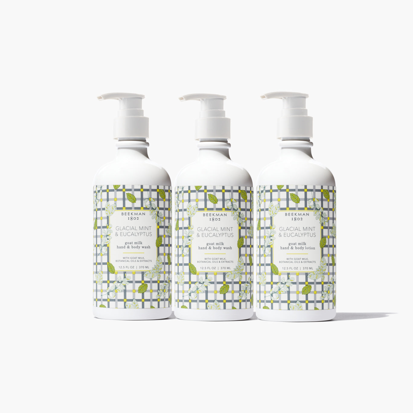 Three white pump bottles of Beeswax 207 Glacial Mint & Eugenol pure silk hand & body wash arranged side by side on a white background.