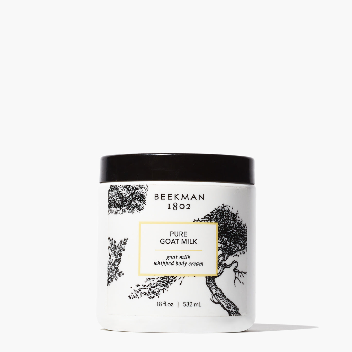 Jar of Beekman 1802's Supersized 18 ounce pure whipped body cream with a black lid, on a white background.