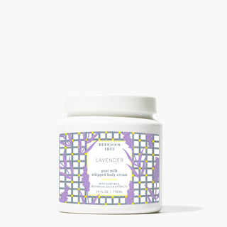 Jar of Beekman 1802's Lavender Mega-Sized Whipped Body Cream, on a white background.