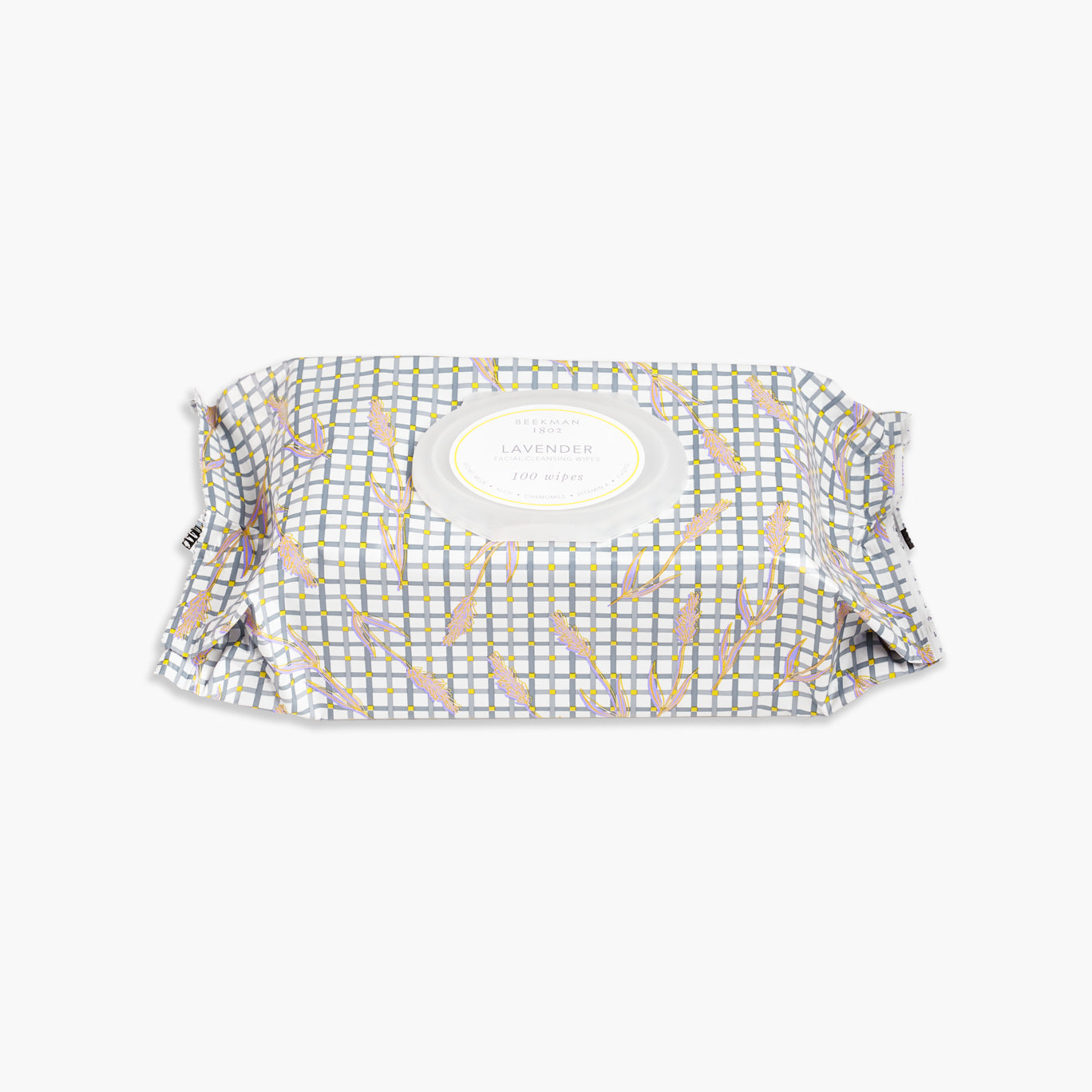 Package of Beekman 1802's Supersized Lavender Face Wipes 100CT which is designed with gingham and lavender flowers, on a gray background. 