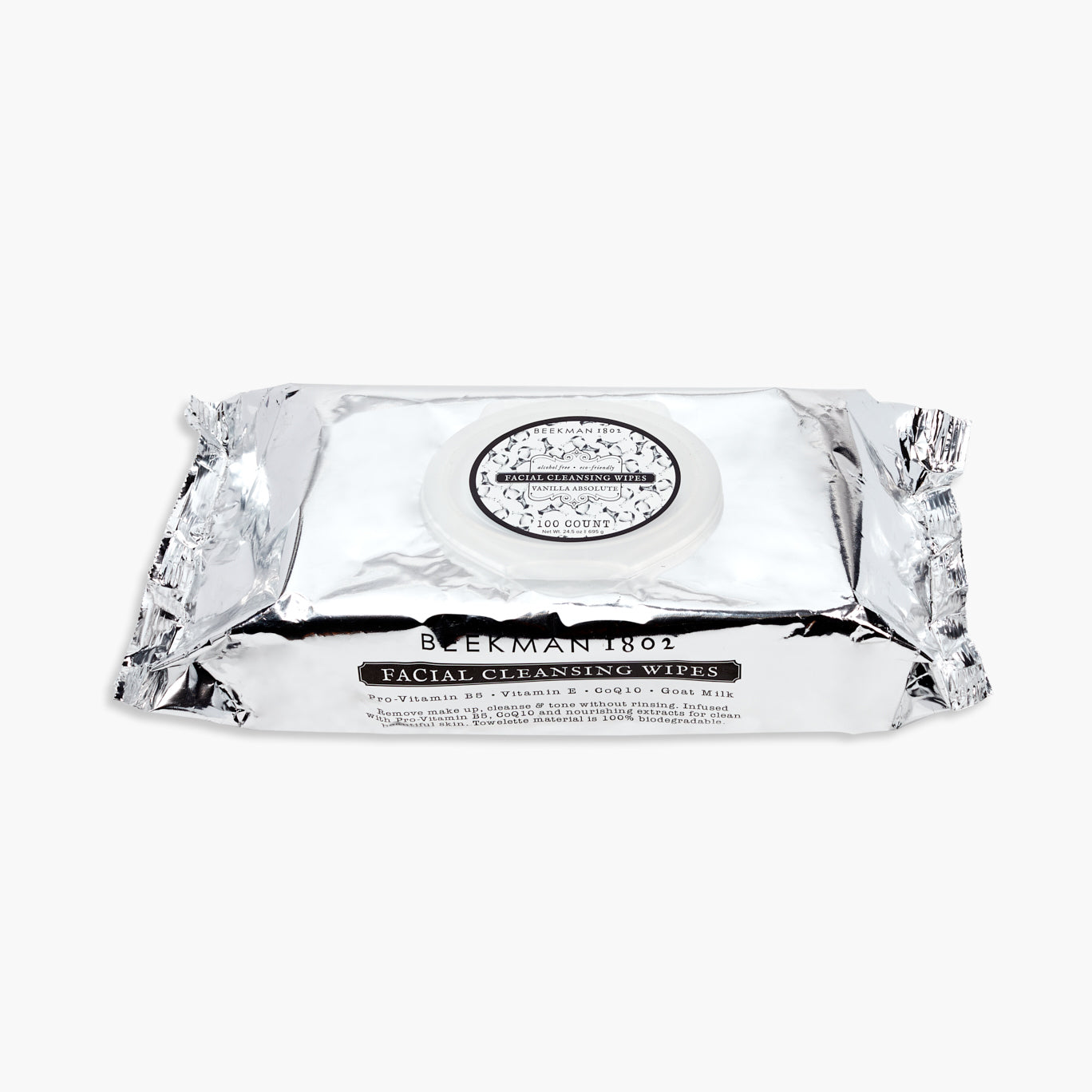 Pack of Beekman 1802's Vanilla Absolute 100 CT. Face wipes on a white background.