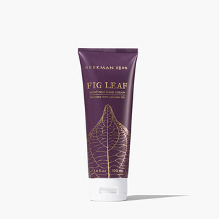 Burgundy Tube of Beekman 1802's Fig Leaf Hand Cream with white cap, standing on a white background.