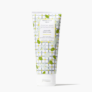 Tube of Beekman 1802's Glacial Mint & Eucalyptus Hand Cream standing on a white background.
