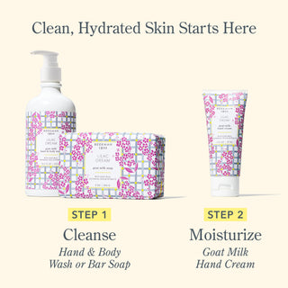 Clean, Hydrated Skin Starts Here | Step 1: Cleanse with our Hand & Body Wash or Bar Soap, Step 2: Moisturize with our Goat Milk Hand Cream | Featuring the scent Lilac Dream