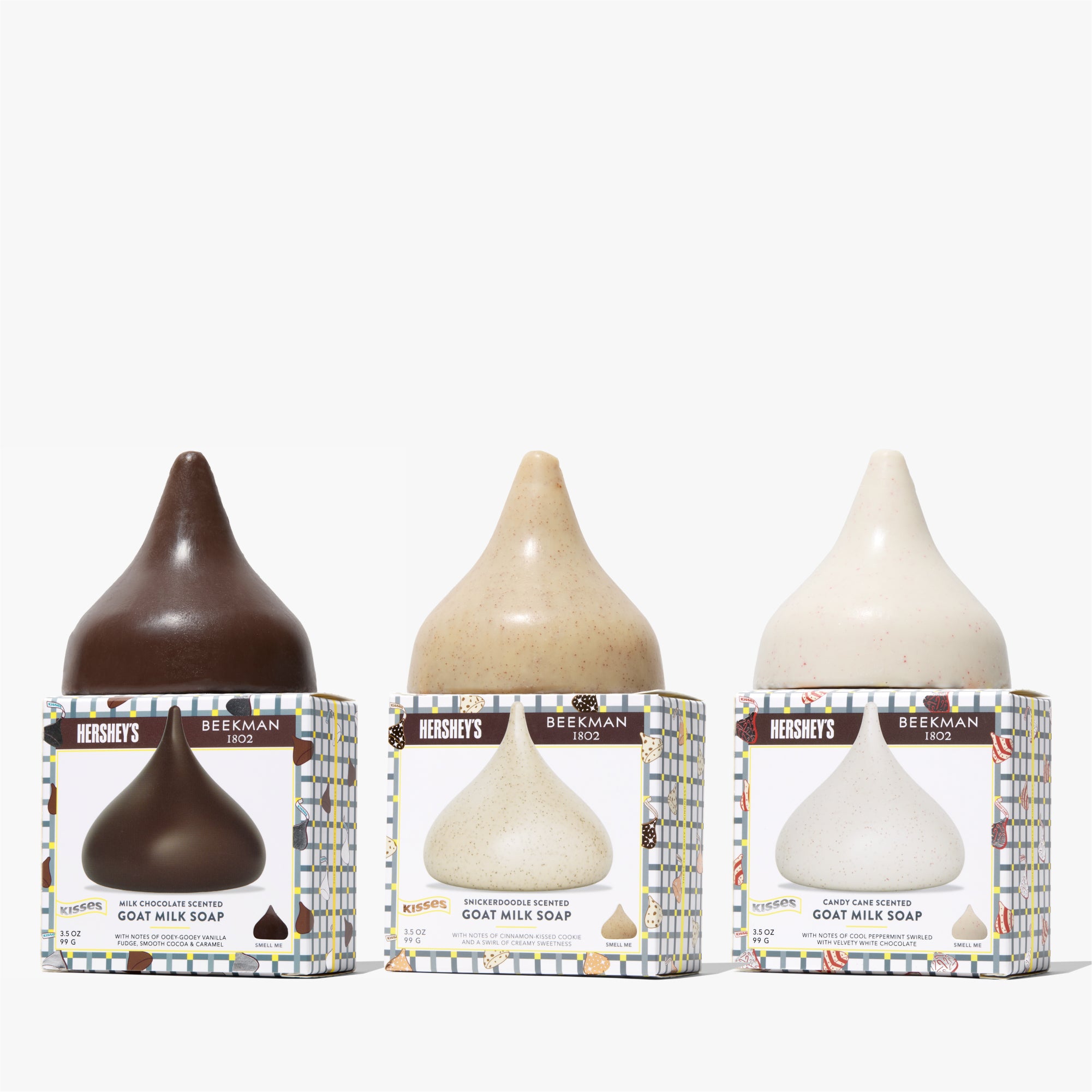 Three Hershey's themed soap products in packaging on a white background