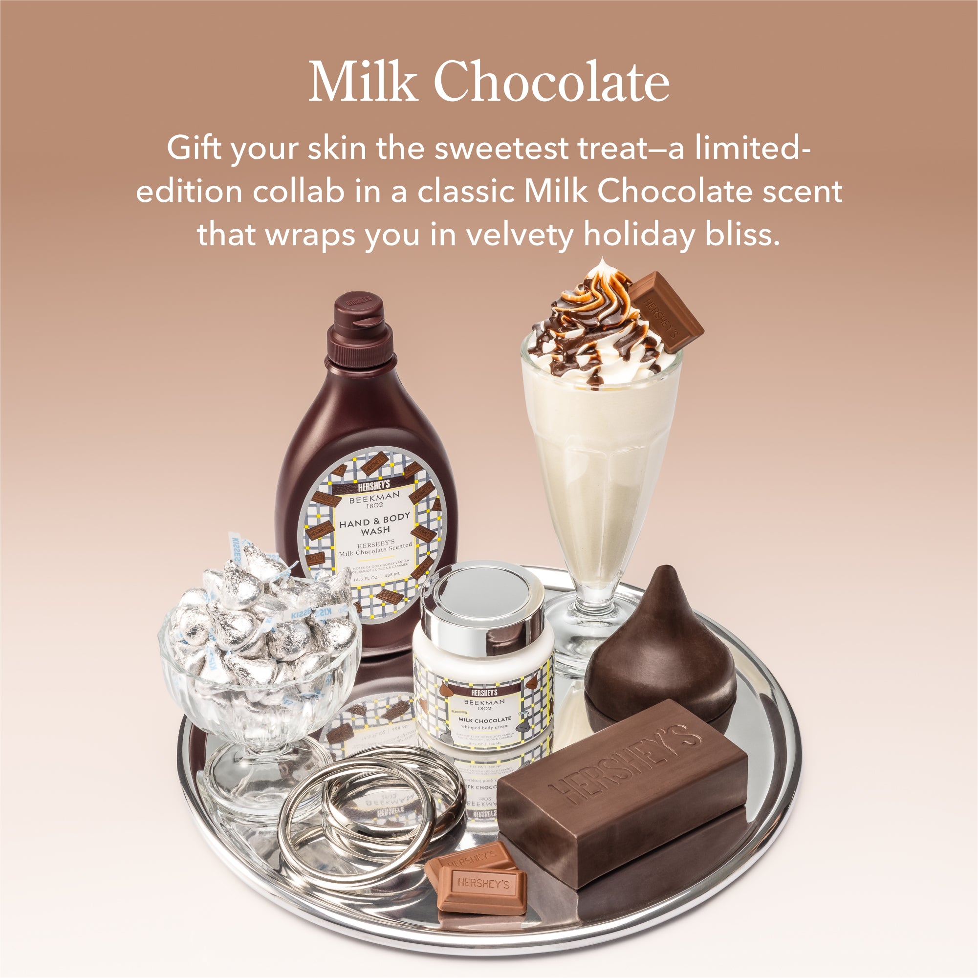 Collection of milk chocolate-themed products on a tray with a brown background and text about a limited-edition collab.