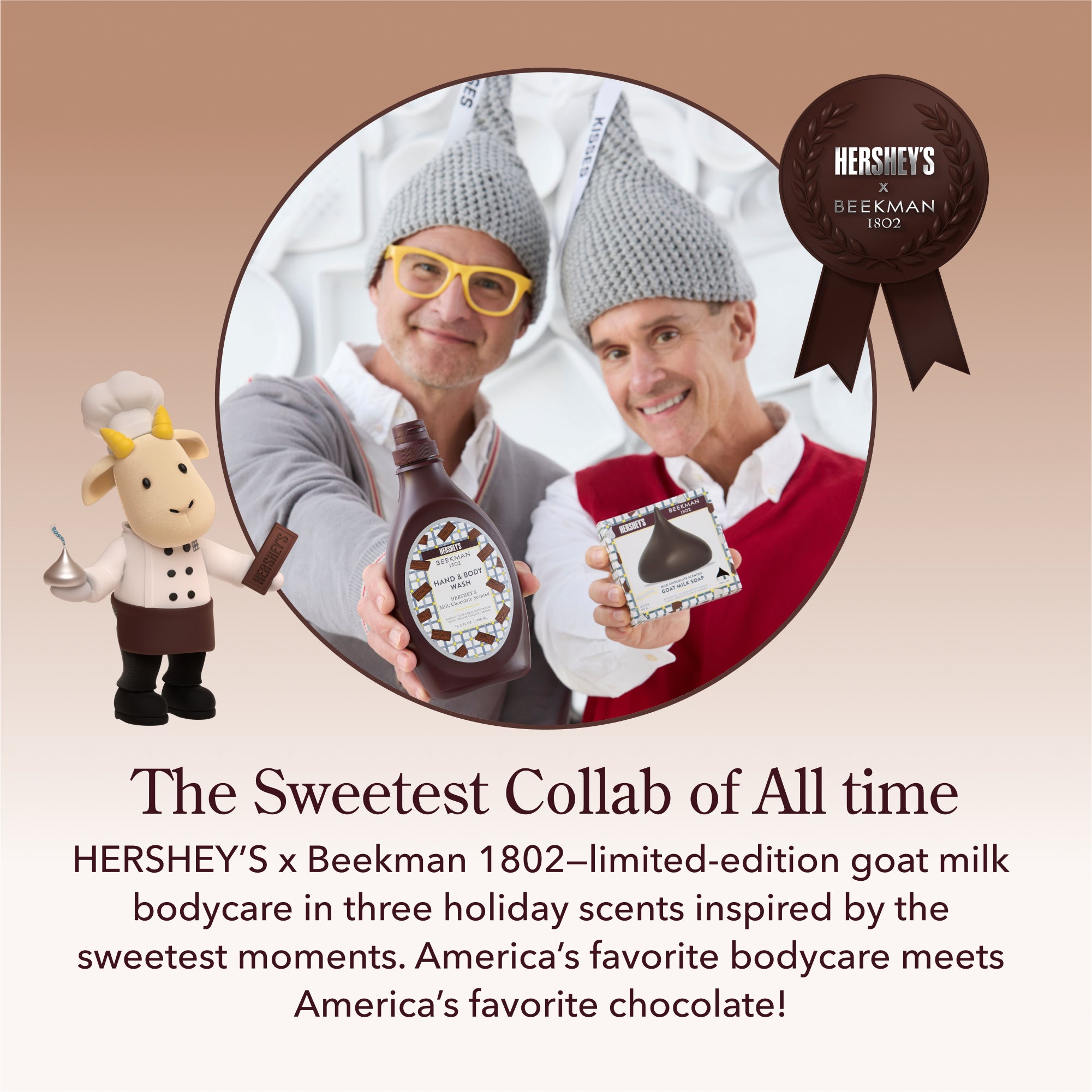Josh and Dr. Brent in holiday-themed outfits holding Hershey's products with a Hershey's logo and text about a collab with Beekman 1802.