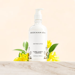 White bottle of Beekman 1802's Ylang Ylang & Tuberose Goat Milk Lotion surrounded by yellow ylang ylang flowers standing on a marble counter, all on a cream colored background.