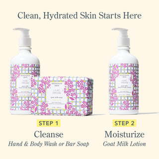 Graphic routine image that is titled, "clean, hydrated skin starts here," with step 1 on the left titled "cleanse" and showing a Lilac Dream body wash and bar soap, and step 2 on the right titled "moisturize," with an image of the Lilac Dream lotion, all on a cream colored background.