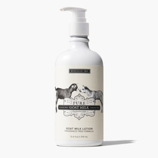 Bottle of Beekman 1802's Pure goat milk lotion standing on a white background. 