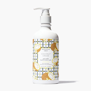 Bottle of Beekman 1802's Coconut Cream Hand & Body Wash on a white background.