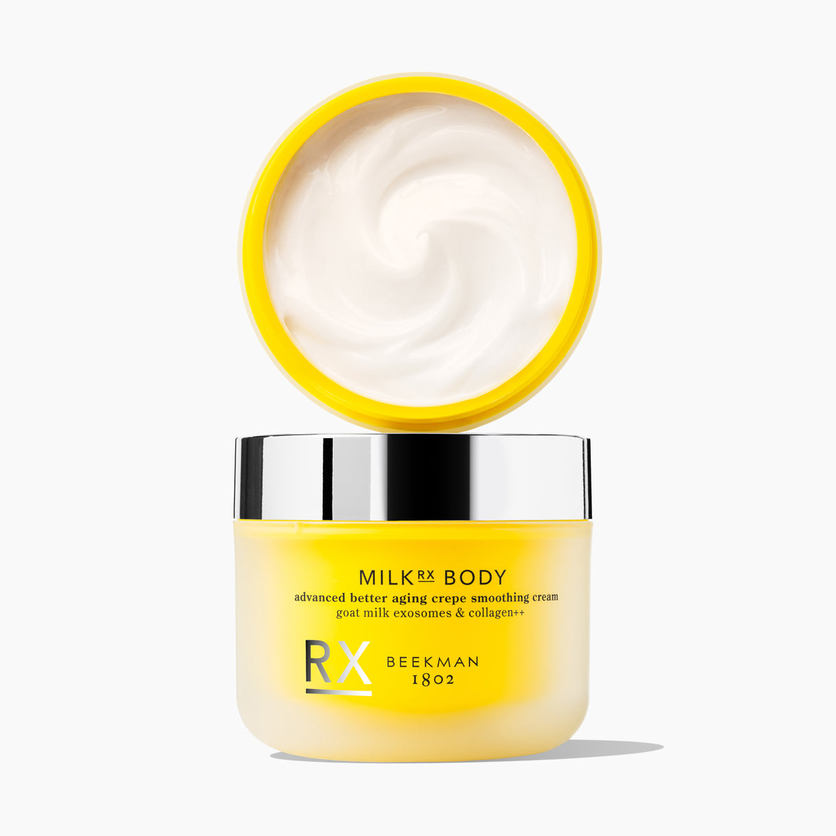 Yellow jar of skincare cream with open lid showing cream inside, on a white background