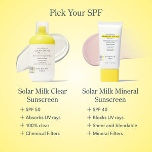 Two sunscreen products with text detailing their SPF levels and features on a yellow background.