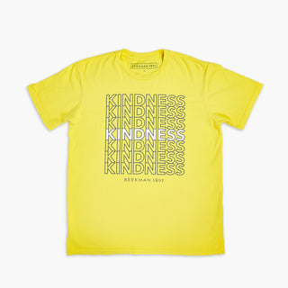 Image of yellow beekman 1802 Kindness T-Shirt with the word kindness repeating on the front in lines.
