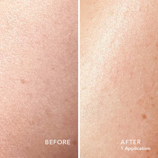 Up close side by side shot of before and after of skin after 1 application of the ceramide whipped body cream, showing dry skin on the left and hydrated skin on the right.
