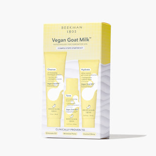 Yellow packaging box for Beekman 1802's Vegan Goat Milk™ 3-Step Oily + Combination Skin Starter Kit, which show all 3 mini products on the front of the box, standing on a white background. 