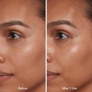 Before and after image of side of models face after using Beekman 1802's Bloom Cream Daily Moisturizer after 1 use, revealing hydrated skin.