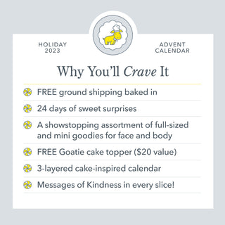 Graphic image of checklist of all the benefits of Beekman 1802's 2023 Slice of Kindness Advent calendar, with a yellow cartoon goatie on the top in a bakers hat, and the words "why you'll crave it" on top of the image.
