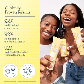 Graphic image with models posing with Beekman 1802's vegan goat milk skincare line on the right, and the words "clinically proven results" on the left on a yellow background, with the percentage results and claims of people using the vegan goat milk line.