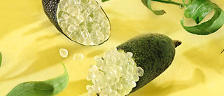 Image of the Caviar lime plant split in half to show the tiny citrus pearls that grow out of them, surrounded by leaves on a yellow background.