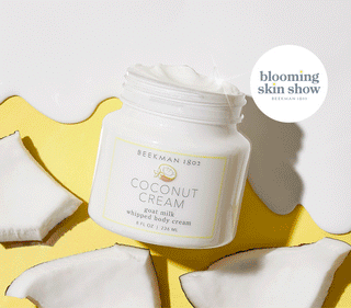 GIF image for Beekman 1802's Blooming Skin Show, which is Gifing through the images of the Bloom Cream XL, Coconut Cream Whipped Body Cream, and Potato Peel next to Mrs. Potato Head, all on a yellow background. 
