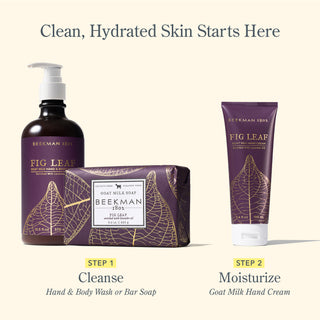 Clean, Hydrated Skin Starts Here | Step 1: Cleanse with Fig Leaf Hand & Body Wash or Bar soap, Step 2: Moisturize with Fig Leaf Goat Milk Hand Cream