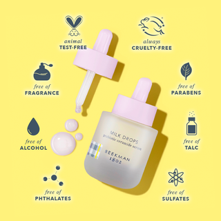 Bottle of Milk Drops next to topper squeezing product droplets against a yellow background with text spotlight that the product is cruelty-free, not tested on animals, and free of fragrance, alcohol, phthalates, sulfates, talc, and parabens