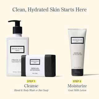 Clean, Hydrated Skin Starts Here | Step 1: Cleanse with Fresh Air Hand & Body Wash or Bar soap, Step 2: Moisturize with Fresh Air Goat Milk Hand Cream