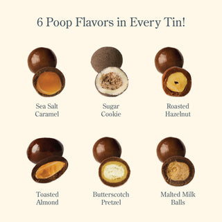 Image of individual goat poop chocolate flavors with the words "6 goat poop flavors in every tin!" on the top of the image with 2 rows of 3 goat poop chocolates in each row labeled sea salt caramel, sugar cookie, roasted hazelnut, toasted almond butterscotch pretzel, and malted milk balls, all on a cream colored background. 